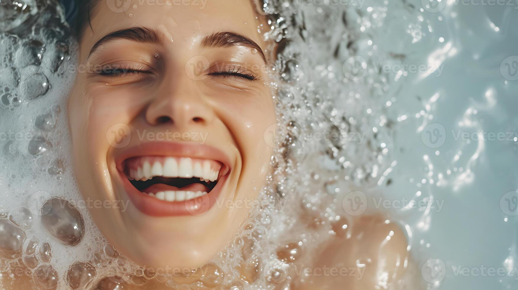 AI generated Woman Laughing in Water. Generative AI. photo
