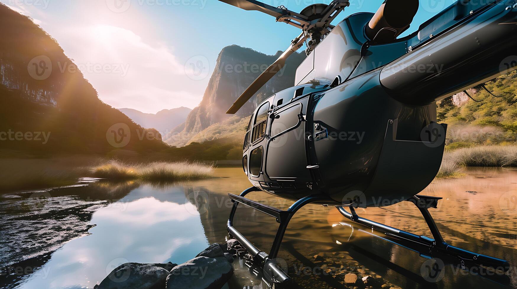 AI generated Helicopter Flying Over a Body of Water. Generative AI. photo