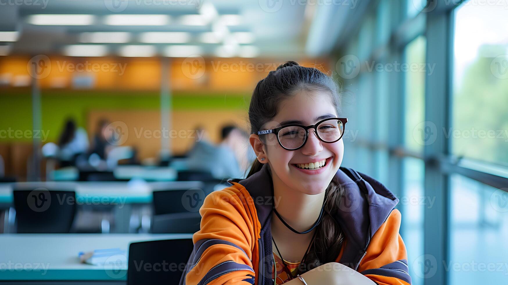 AI generated Young girl sitting at Table With Laptop Computer. Generative AI. photo