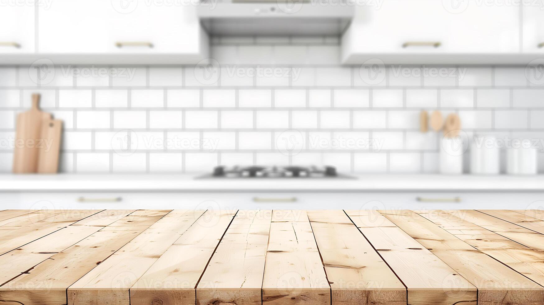 AI generated White Kitchen With Wooden Table Top. Generative AI. photo