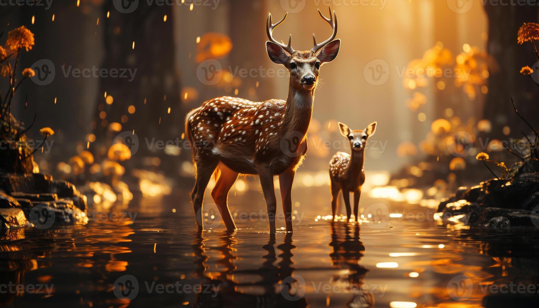 AI generated Young deer standing in snowy forest, reflecting beauty of nature generated by AI photo