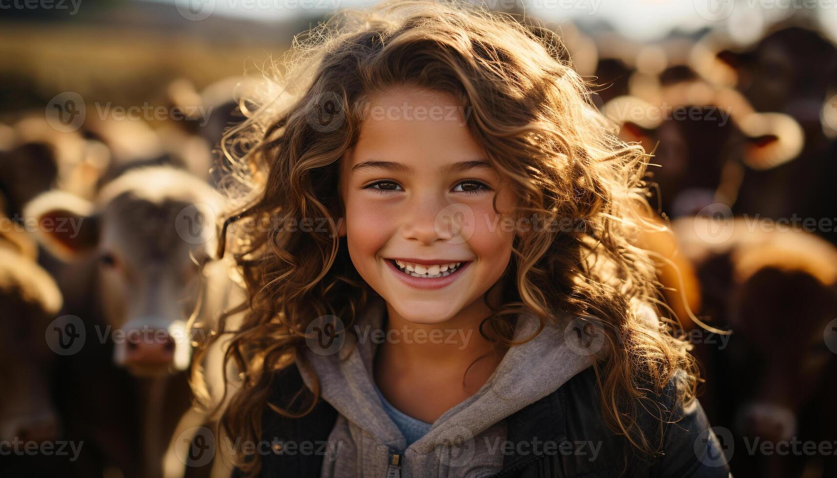 ai generado un alegre niña en un granja, sonriente con confianza generado por ai foto