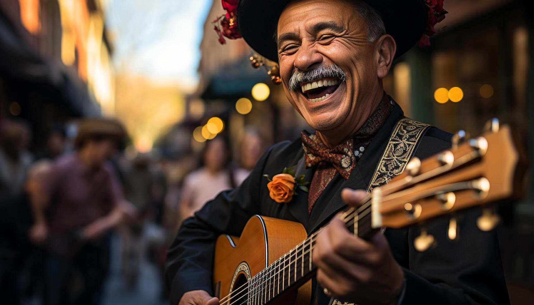 ai generado alegre músico jugando guitarra, trayendo alegría a al aire libre celebracion generado por ai foto