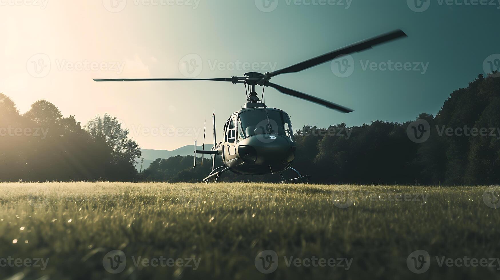 AI generated Helicopter Parked on Grass. Generative AI. photo
