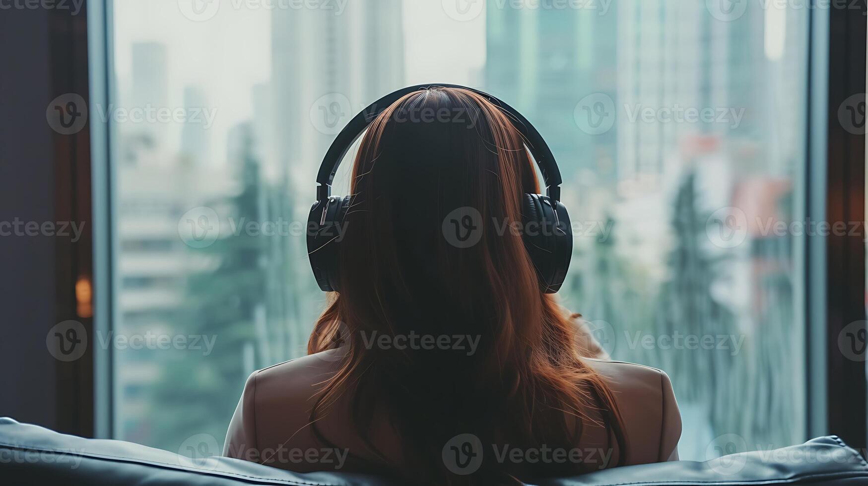 AI generated Woman Listening to Music Through Headphones by Window. Generative AI. photo