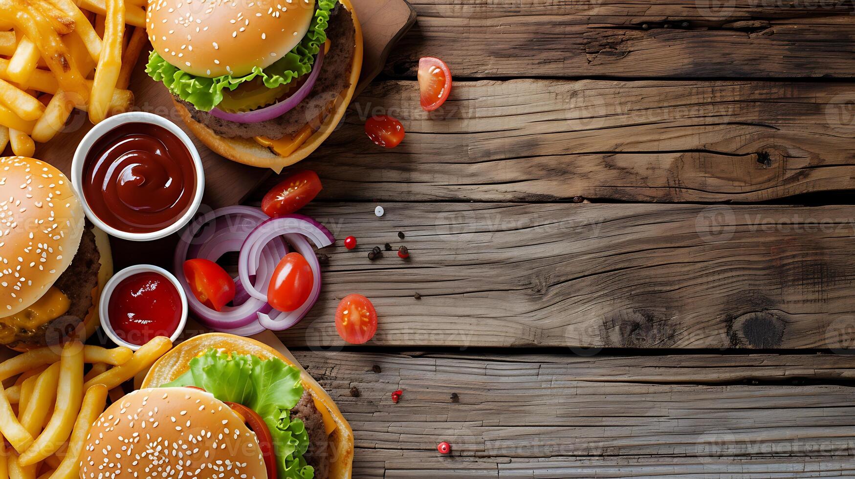 AI generated Delicious Hamburgers and Fries With Ketchup on Wooden Table. Generative AI. photo