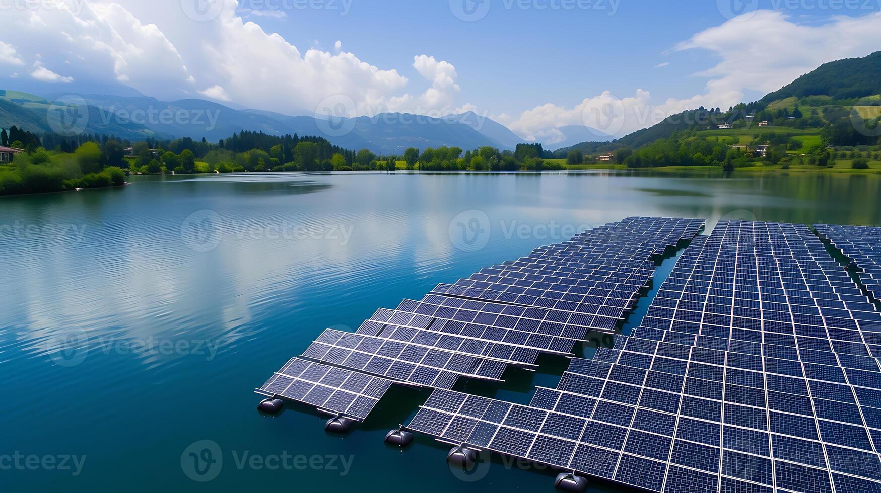 ai generado flotante solar paneles cubierta lago superficie. generativo ai. foto