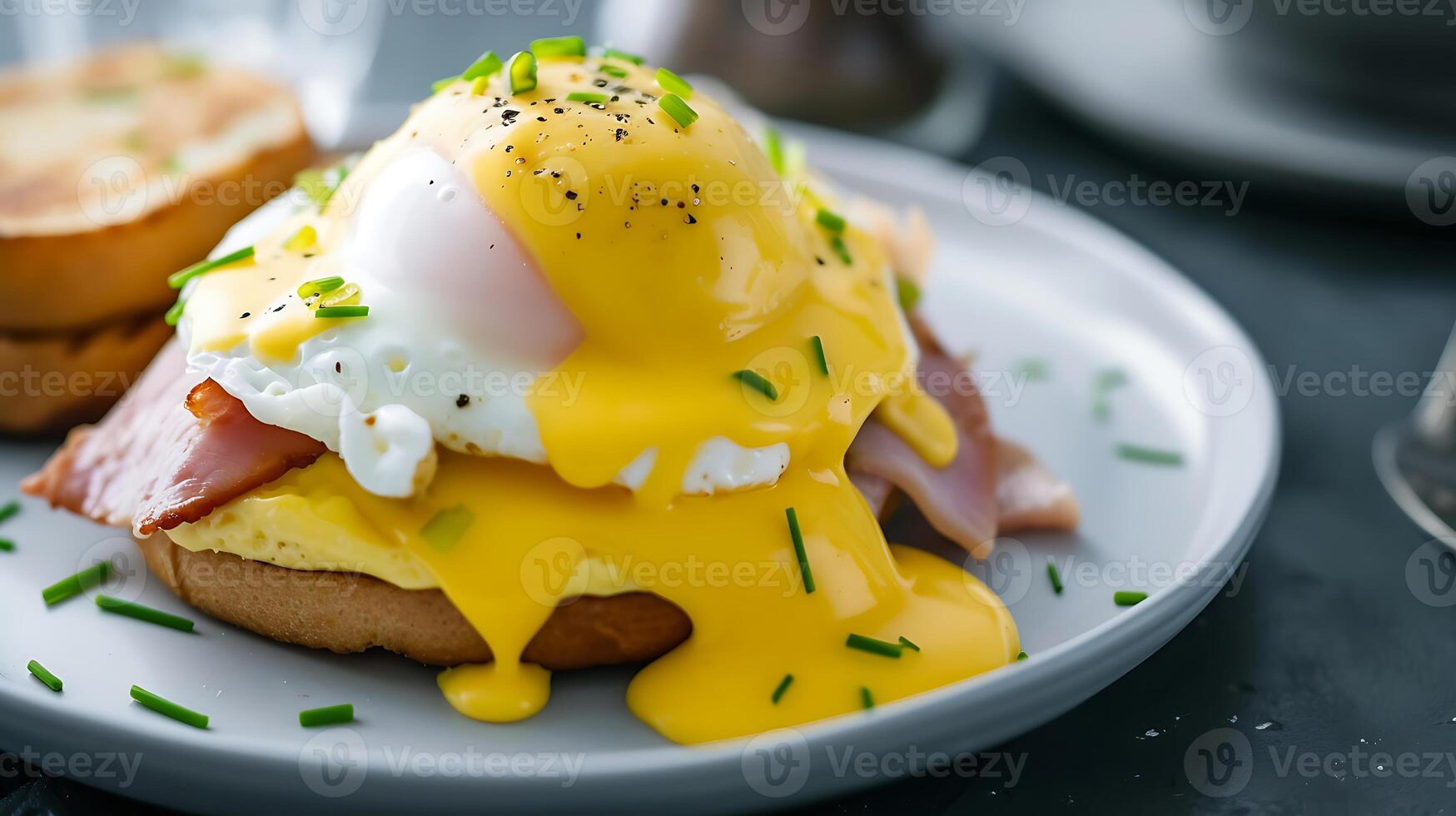 AI generated Classic Eggs Benedict on Minimalist Plate. Generative AI. photo