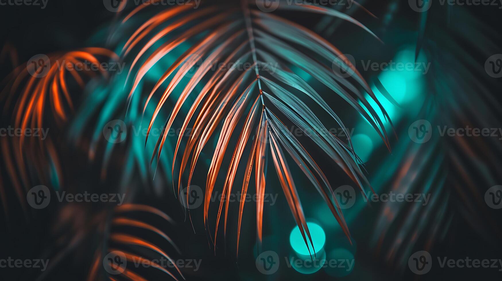 AI generated Palm Leaf With Bright Lights in the Background. Generative AI. photo