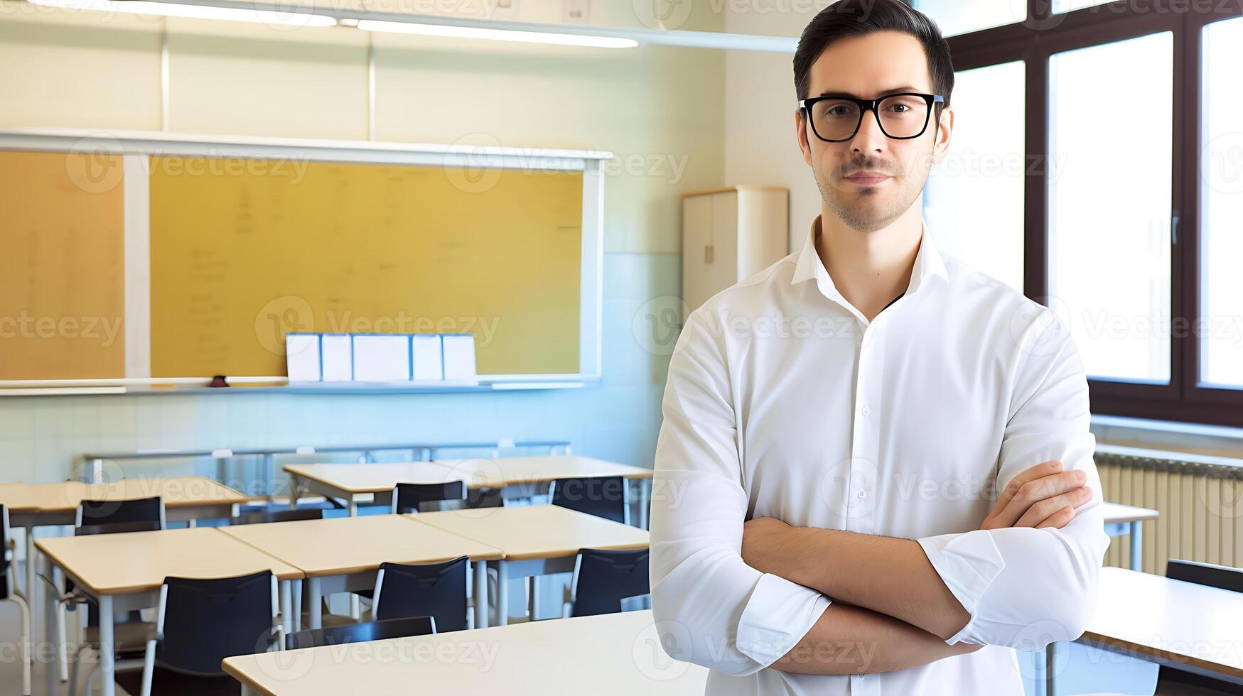 AI generated Man Standing in Classroom With Arms Crossed. Generative AI. photo