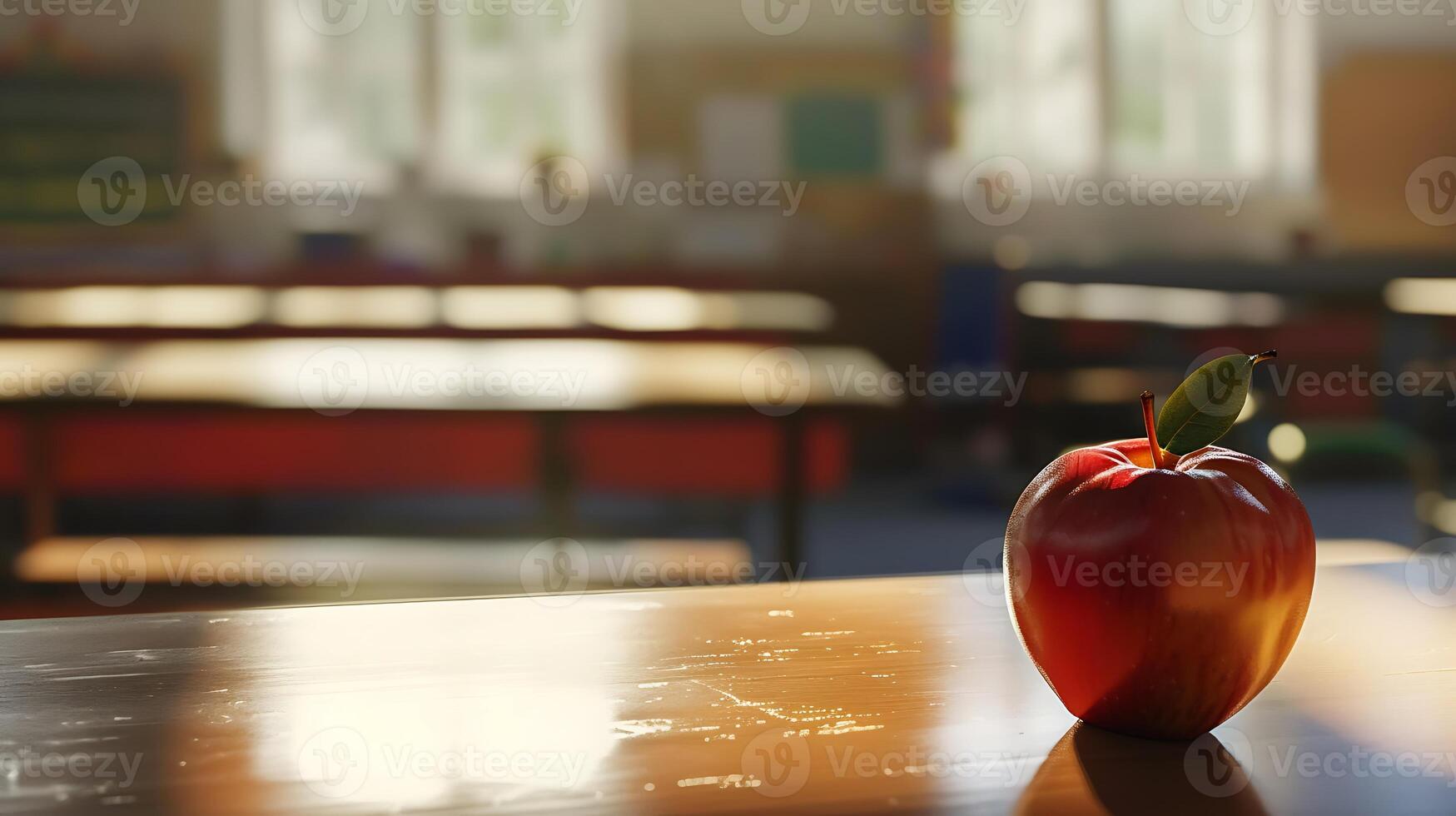 AI generated Red Apple on Wooden Table. Generative AI. photo