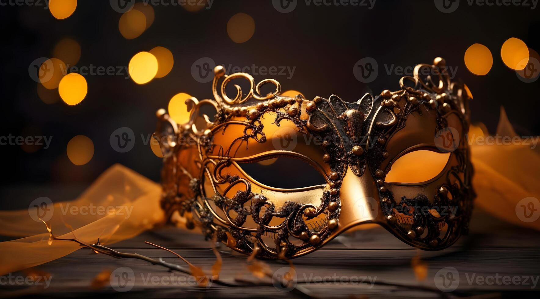 AI generated Carnival mask on a wooden table with bokeh background. photo