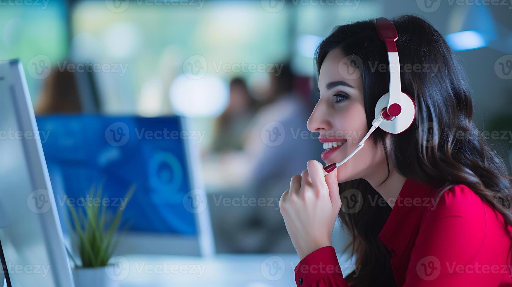 AI generated Woman Wearing Headphones Using Computer. Generative AI. photo
