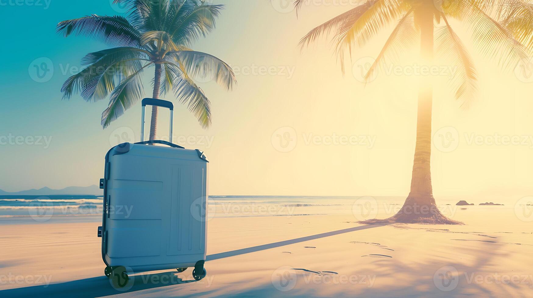 AI generated White Suitcase Resting on Sandy Beach. Generative AI. photo