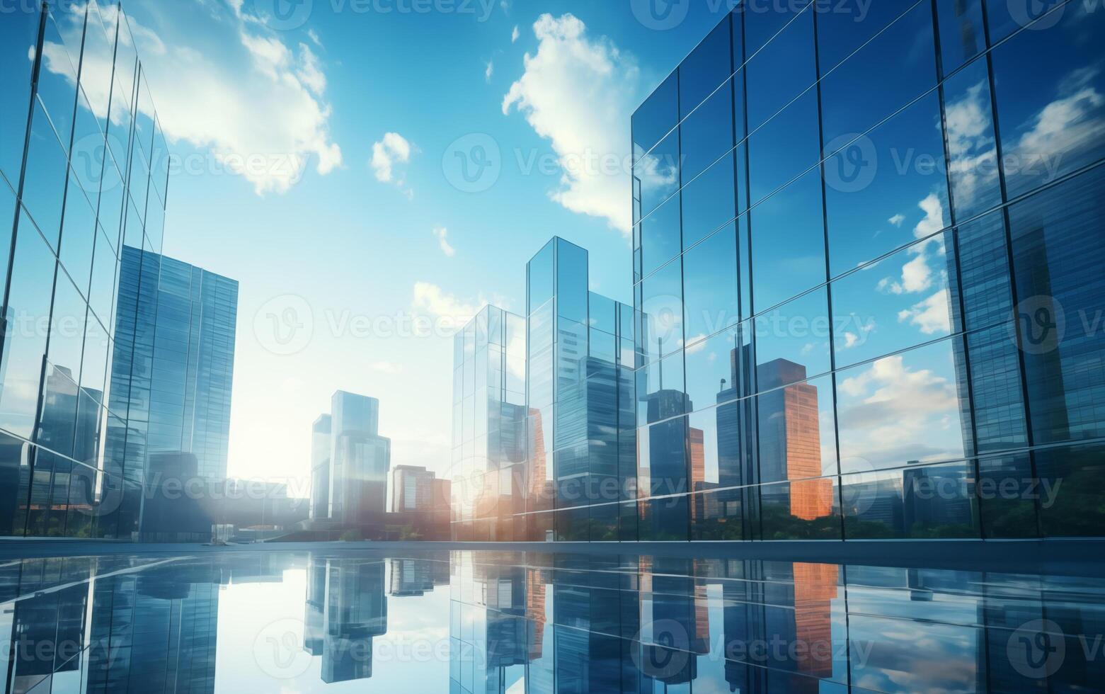 AI generated abstract scene with glass skyscrapers and reflection on the floor. photo
