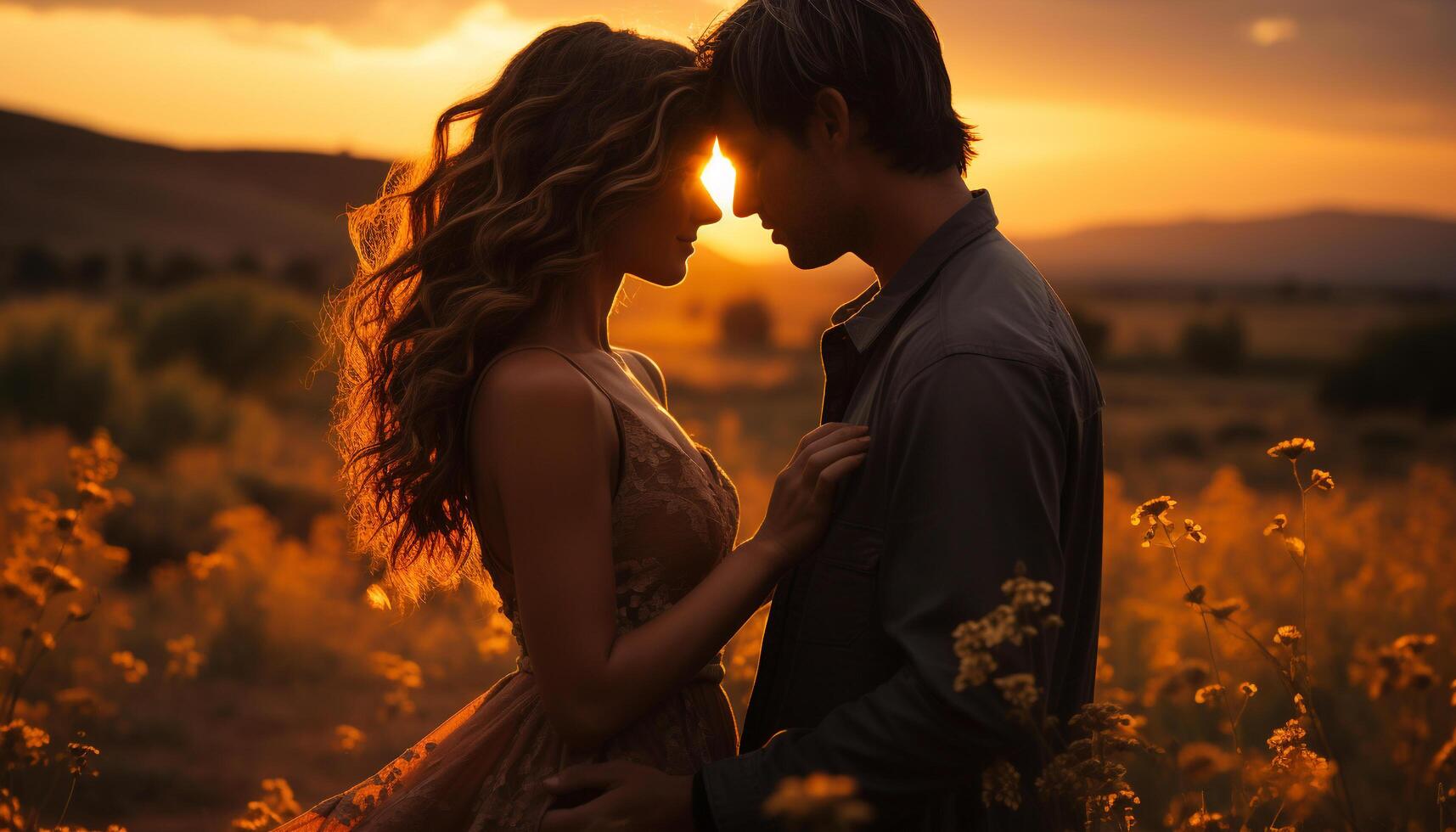 AI generated Young couple embracing, smiling, enjoying sunset, love in nature generated by AI photo