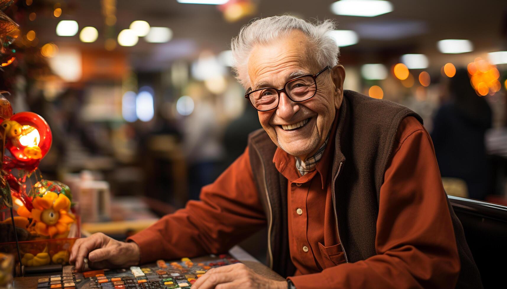 AI generated A cheerful senior man, with gray and white hair, sitting at a table, looking at the camera generated by AI photo