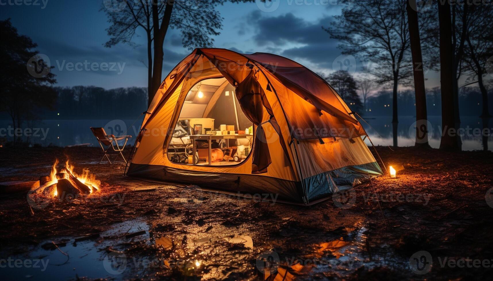 AI generated Camping adventure tent, fire, nature, hiking, mountain, relaxation, lantern generated by AI photo