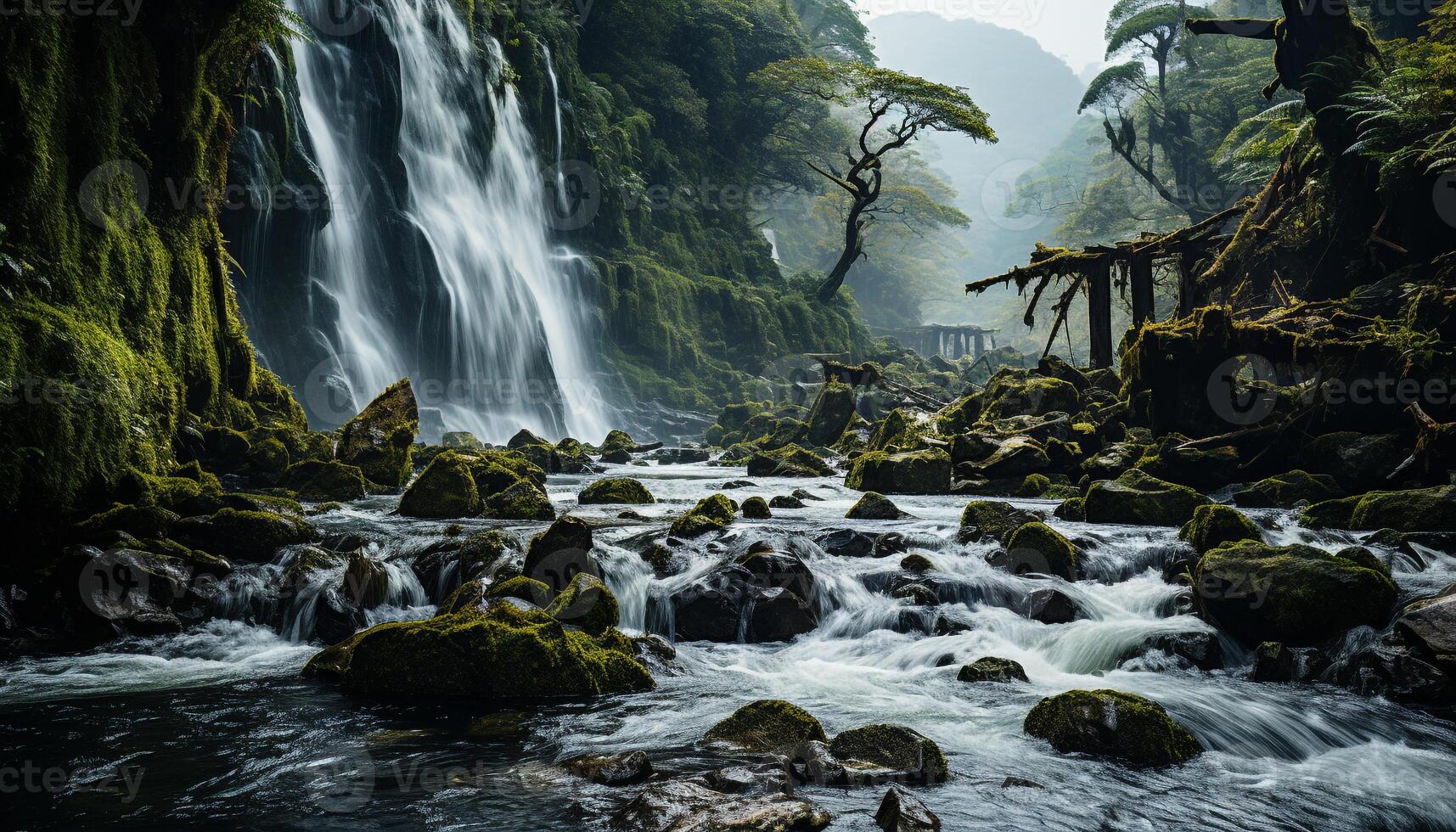 ai generado majestuoso montaña rango, oscuro bosque, fluido agua, tranquilo escena generado por ai foto