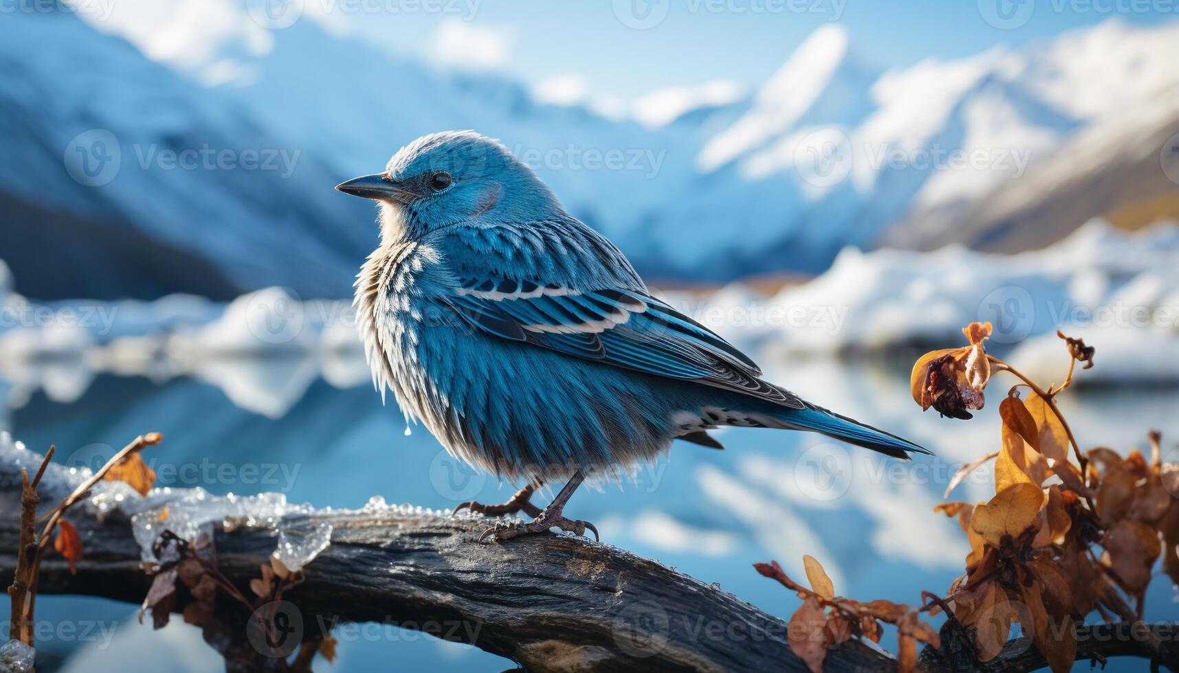 AI generated A seagull perching on a branch, enjoying the tranquil winter generated by AI photo