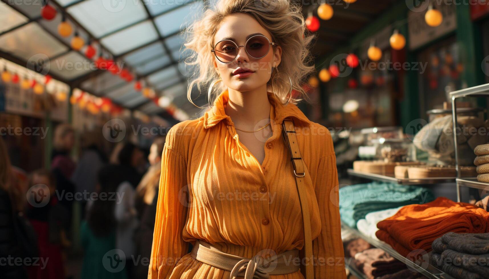 ai generado un de moda joven mujer sonriente, compras para ropa al aire libre generado por ai foto