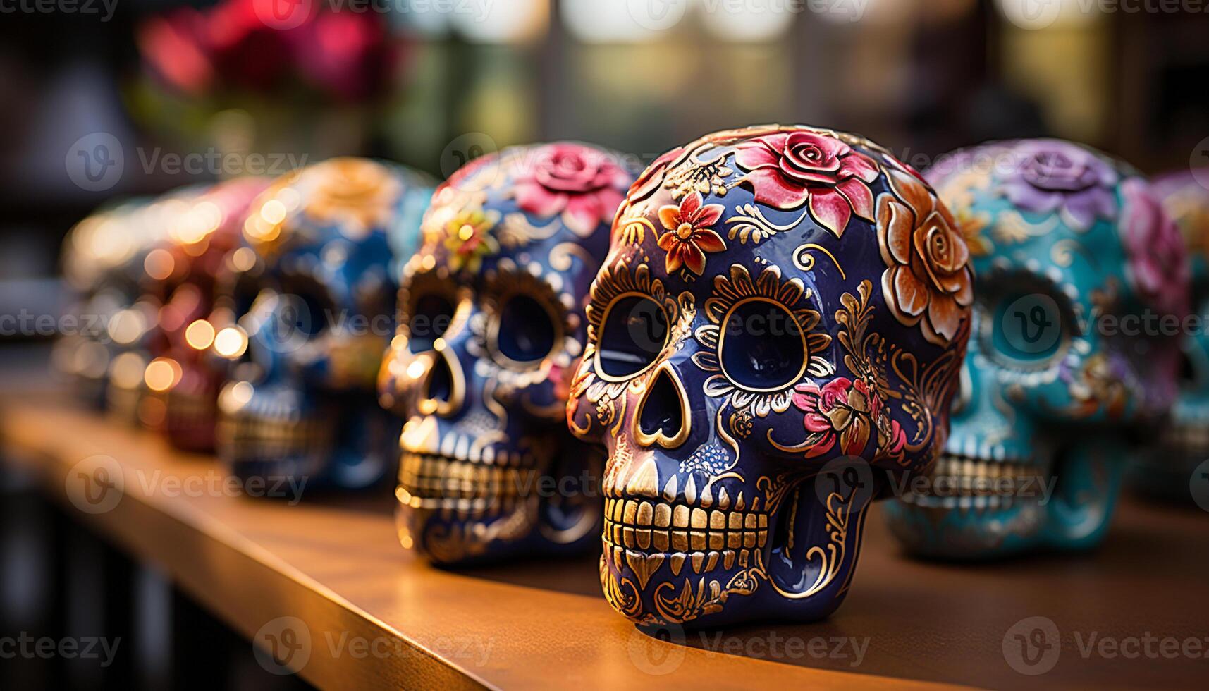 AI generated Day of the Dead celebration spooky decoration, colorful skulls, ancient tradition generated by AI photo