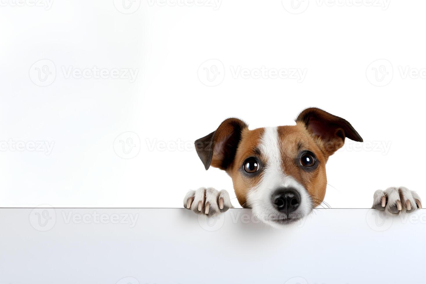 AI generated Dog peeking over white edge. Web banner. photo