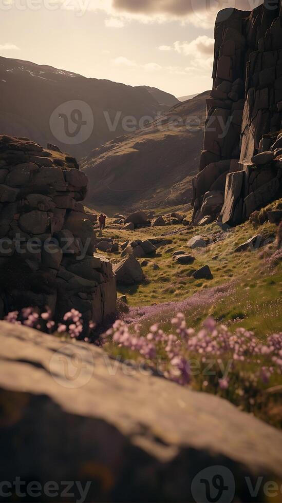 AI generated Rocky Hillside With Blooming Flowers. Generative AI. photo