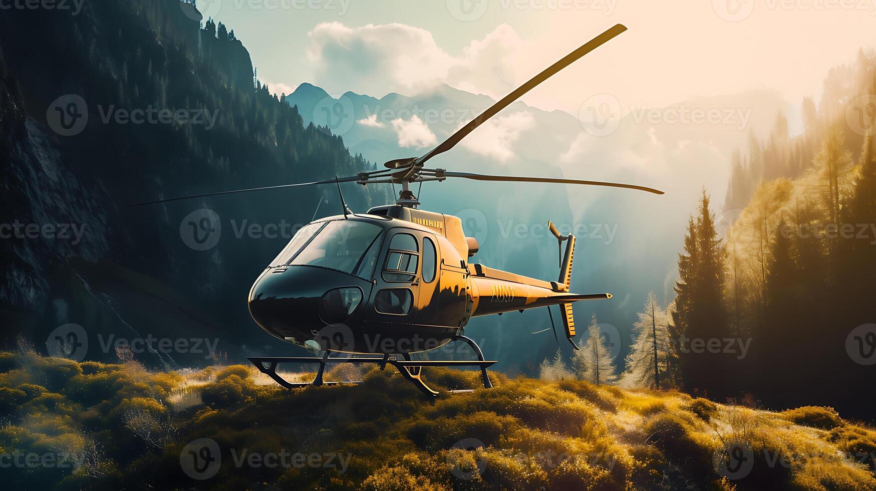 AI generated Helicopter Flying Over Lush Green Forest. Generative AI. photo