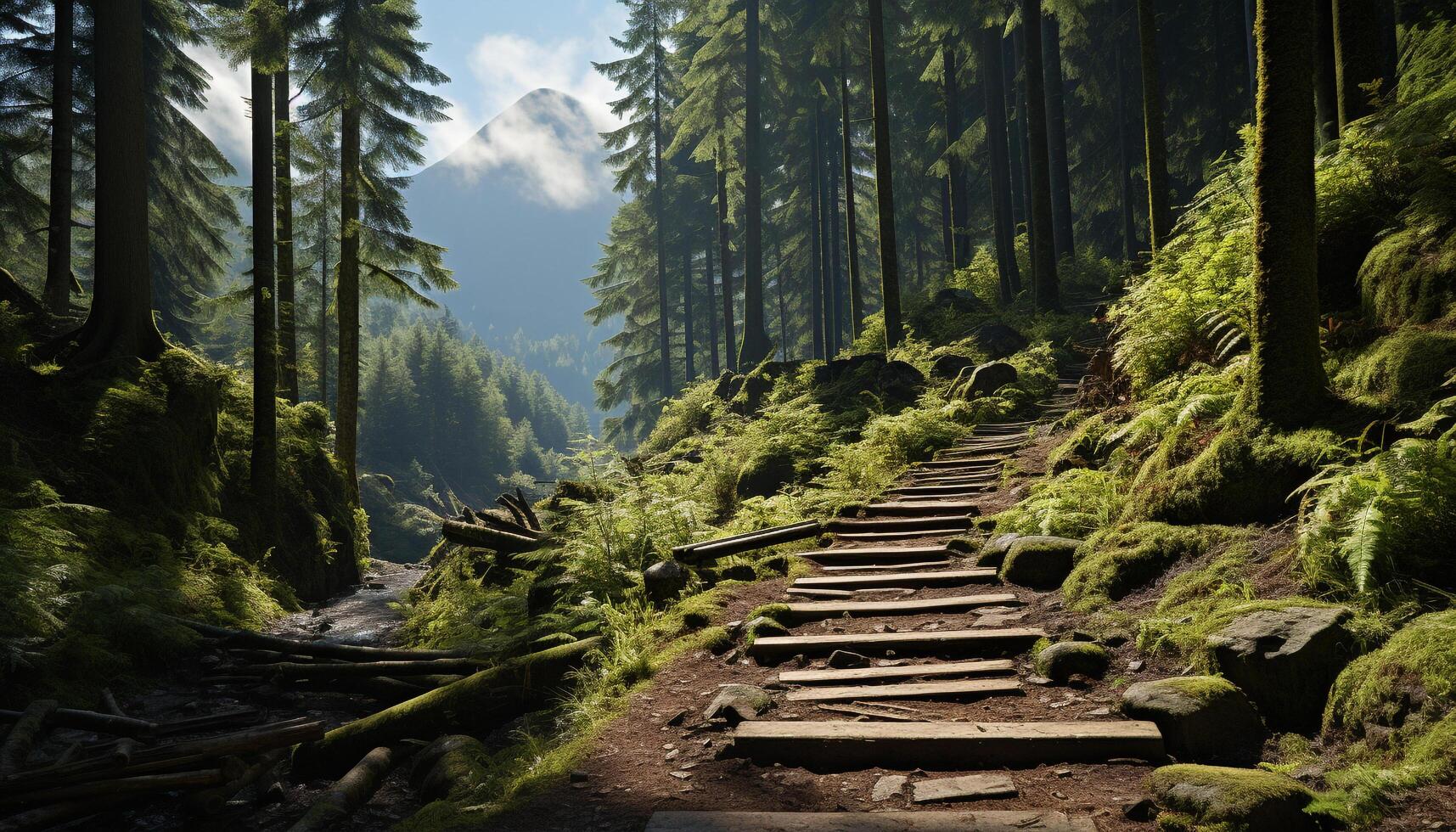 AI generated Tranquil scene green forest, mountain peak, water, hiking adventure generated by AI photo