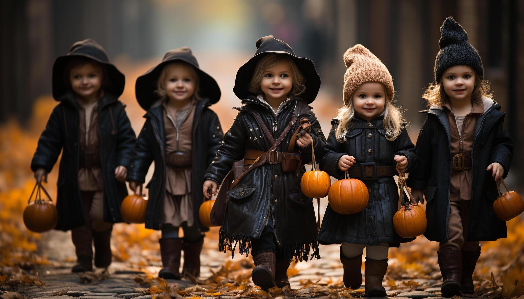 AI generated Children playing in the outdoors, smiling, celebrating Halloween with pumpkin lanterns generated by AI photo