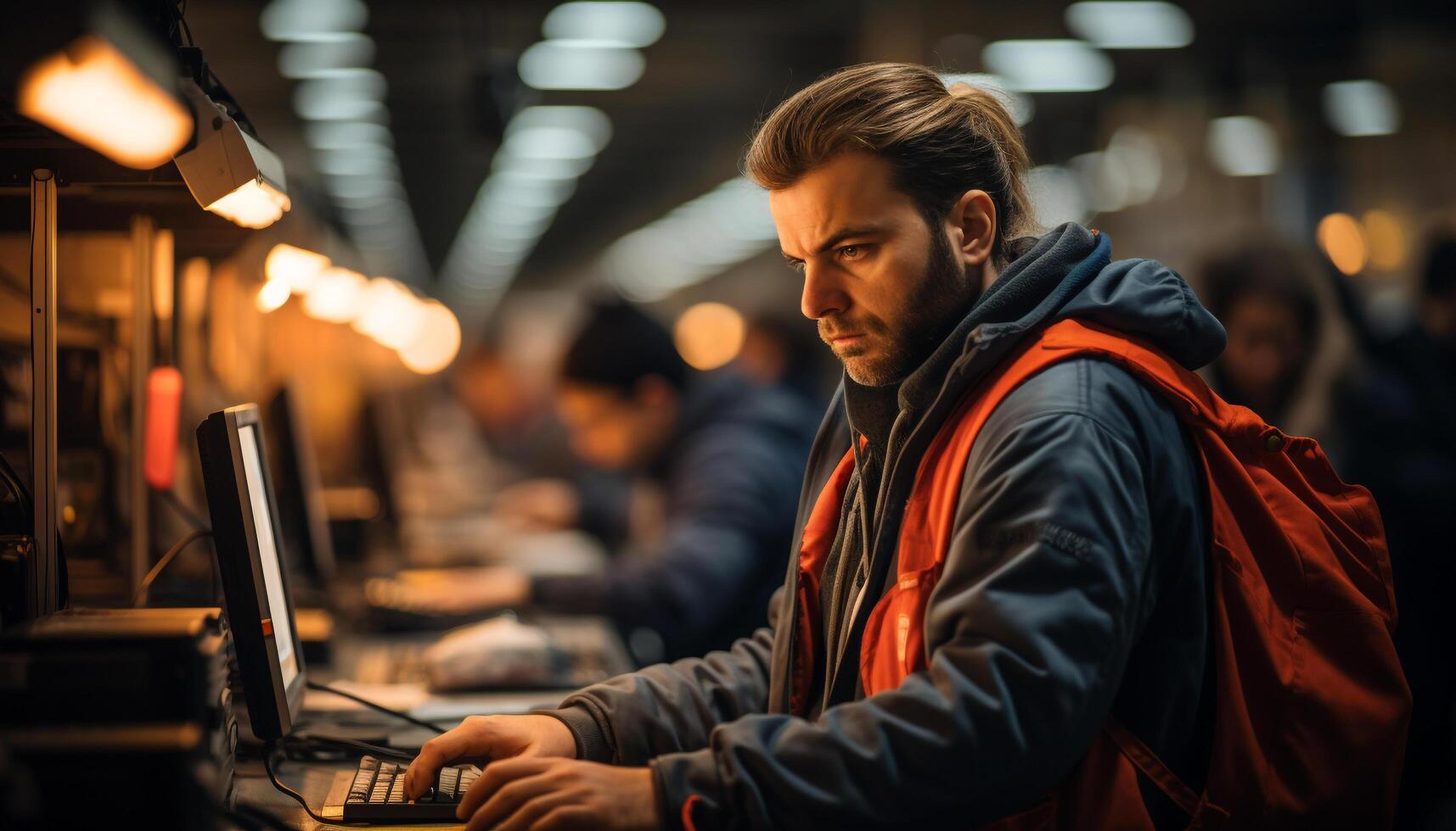 AI generated Young adult businessman working on laptop indoors at night generated by AI photo