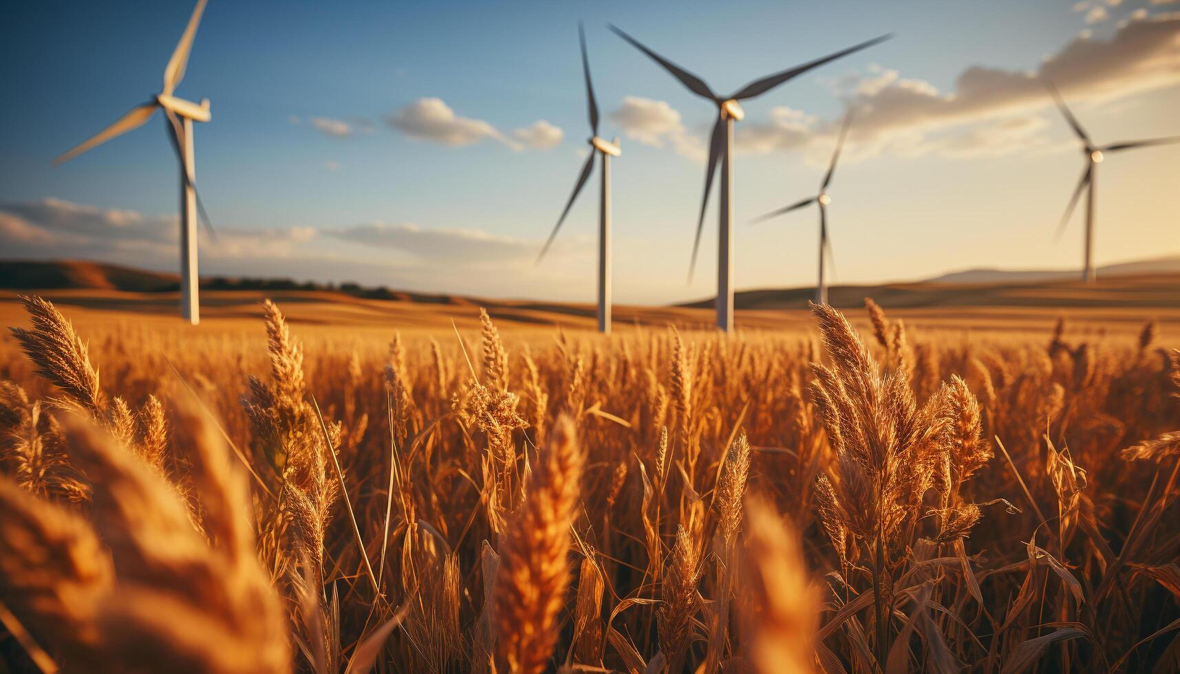 AI generated Wind turbine generates electricity in nature sustainable alternative energy farm generated by AI photo