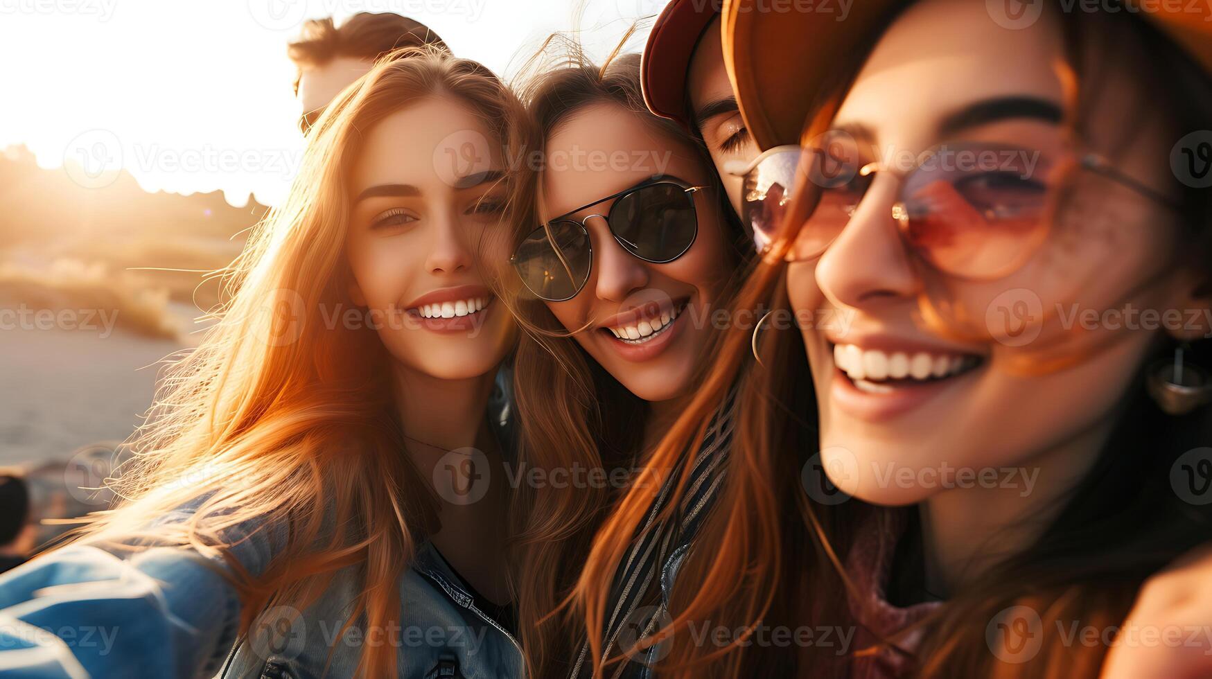 ai generado grupo de joven mujer tomando un autofoto generativo ai. foto