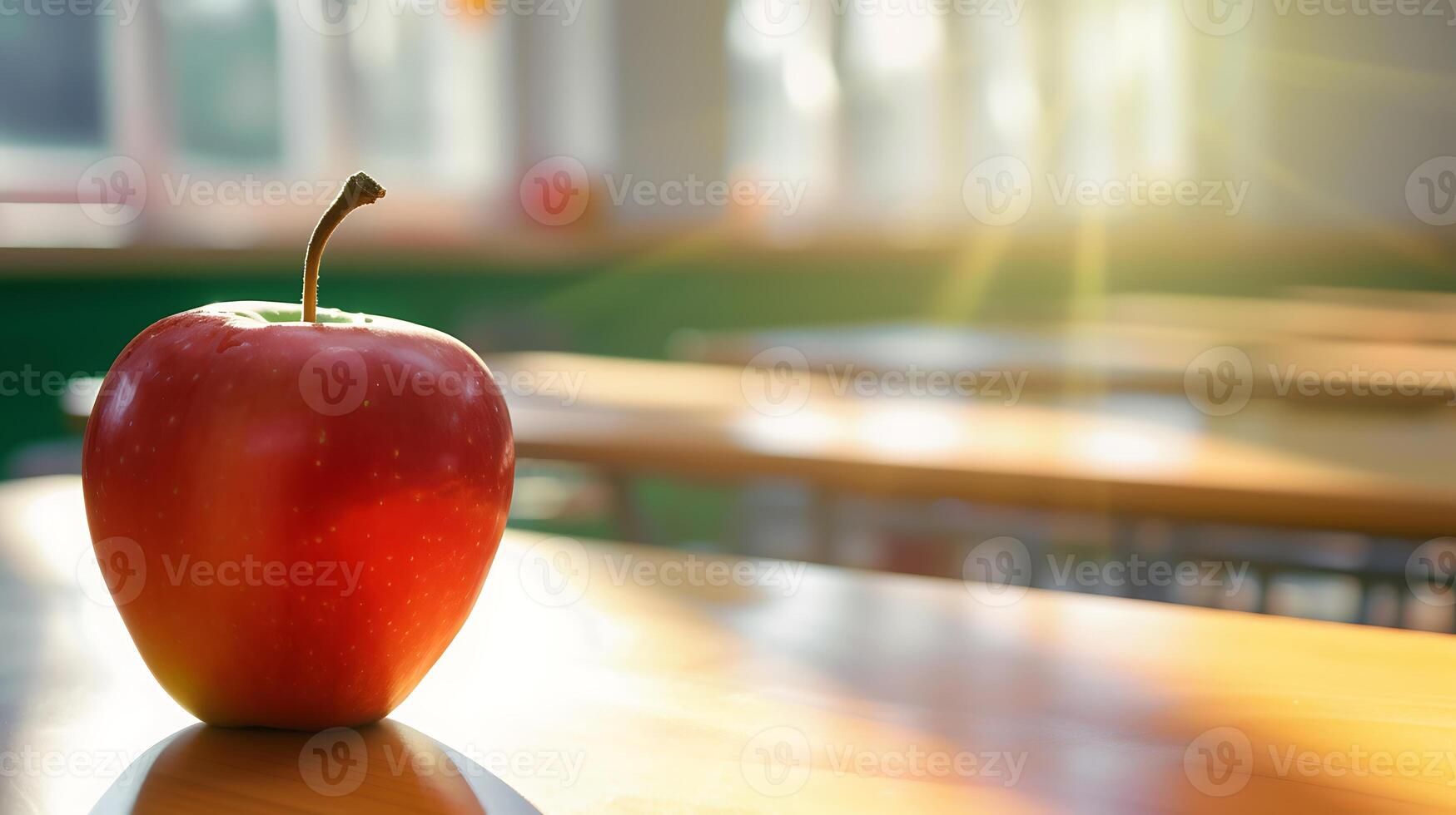AI generated Red Apple on Wooden Table. Generative AI. photo