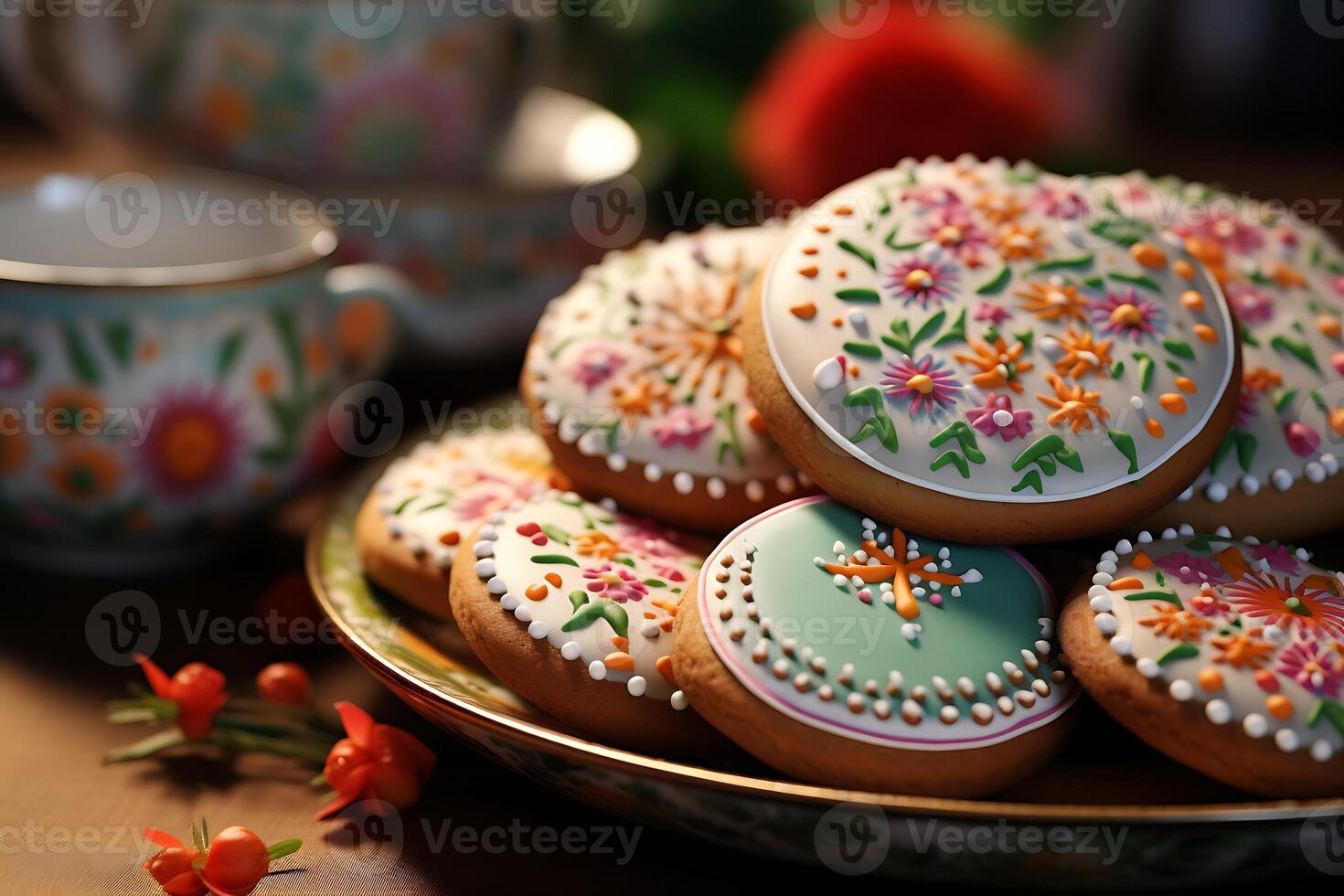 AI generated Decorated Easter Cookies on Table. Generative AI. photo