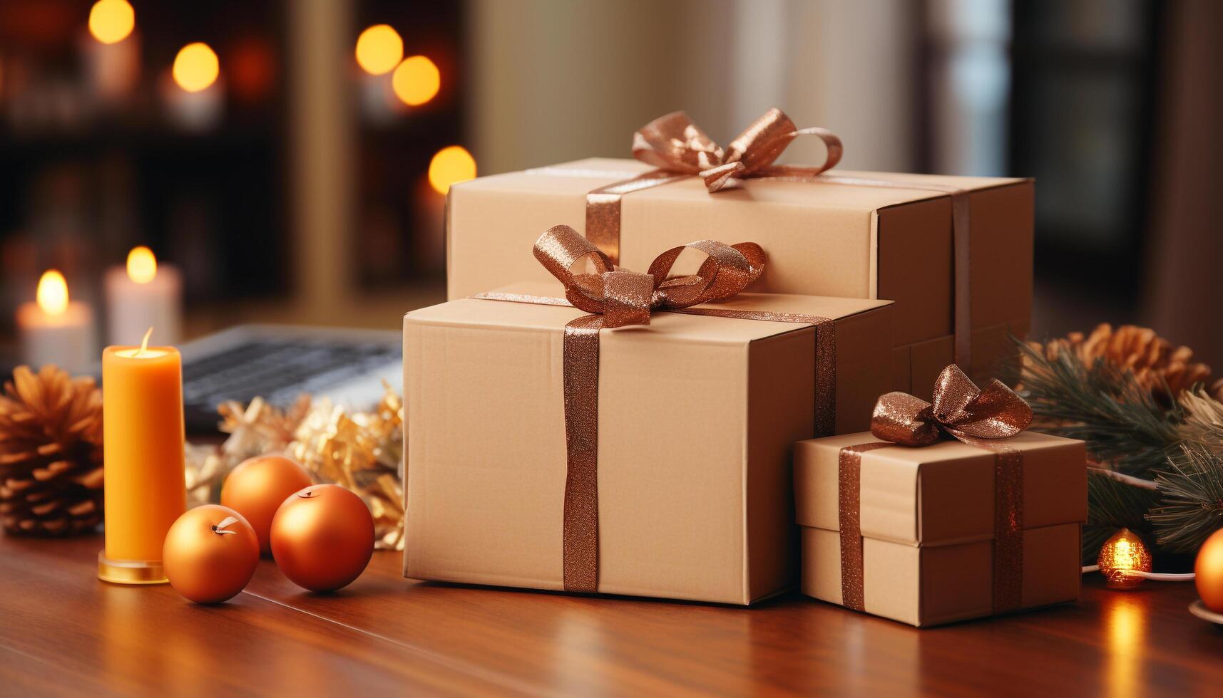AI generated Christmas decoration wrapped in shiny gold wrapping paper on wooden table generated by AI photo