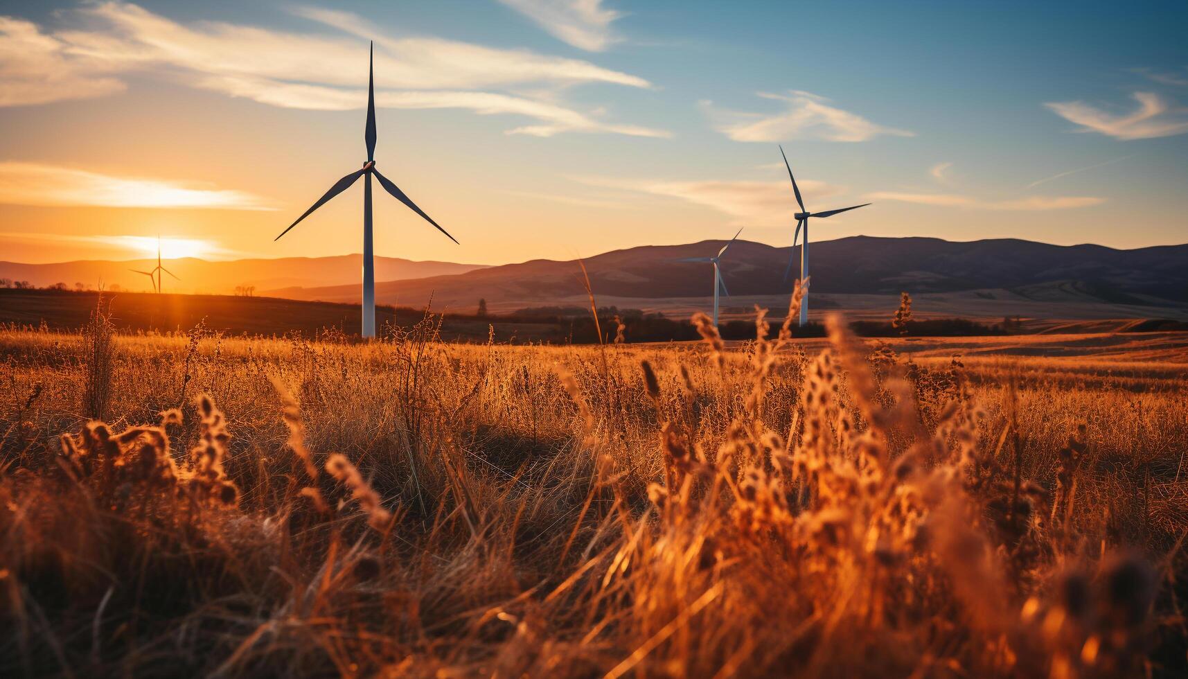 AI generated Wind turbines generate alternative energy in the sunset sky generated by AI photo