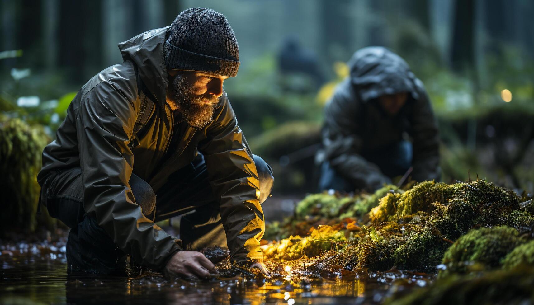 AI generated Two men hiking in the forest, enjoying the autumn outdoors generated by AI photo