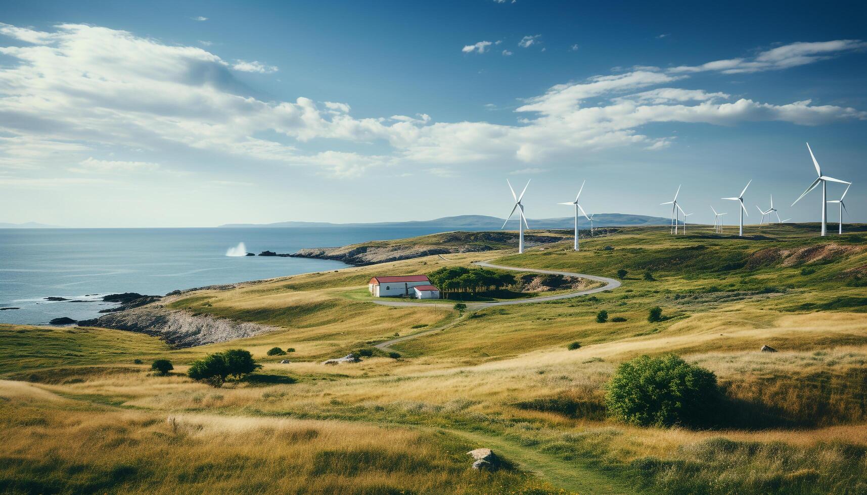 AI generated Wind turbines generate electricity in a beautiful natural landscape generated by AI photo