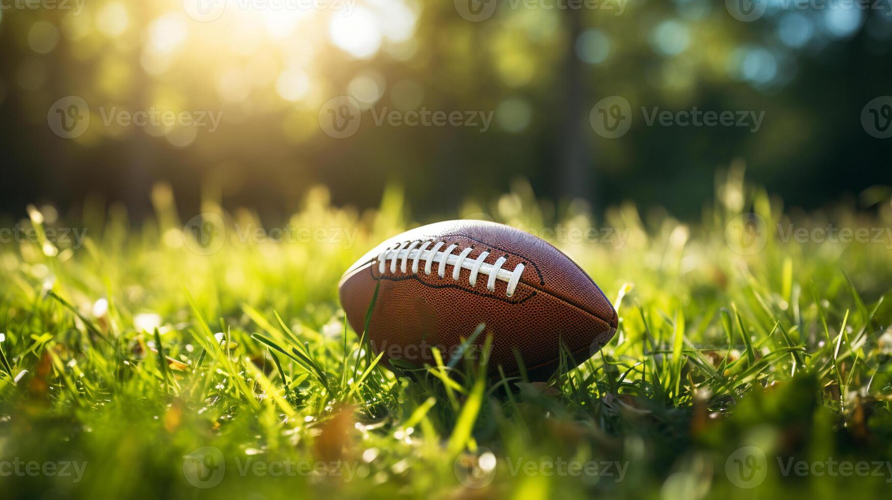 AI Generated Oval leather brown rugby ball lies on the green grass under the flights of sunlight photo