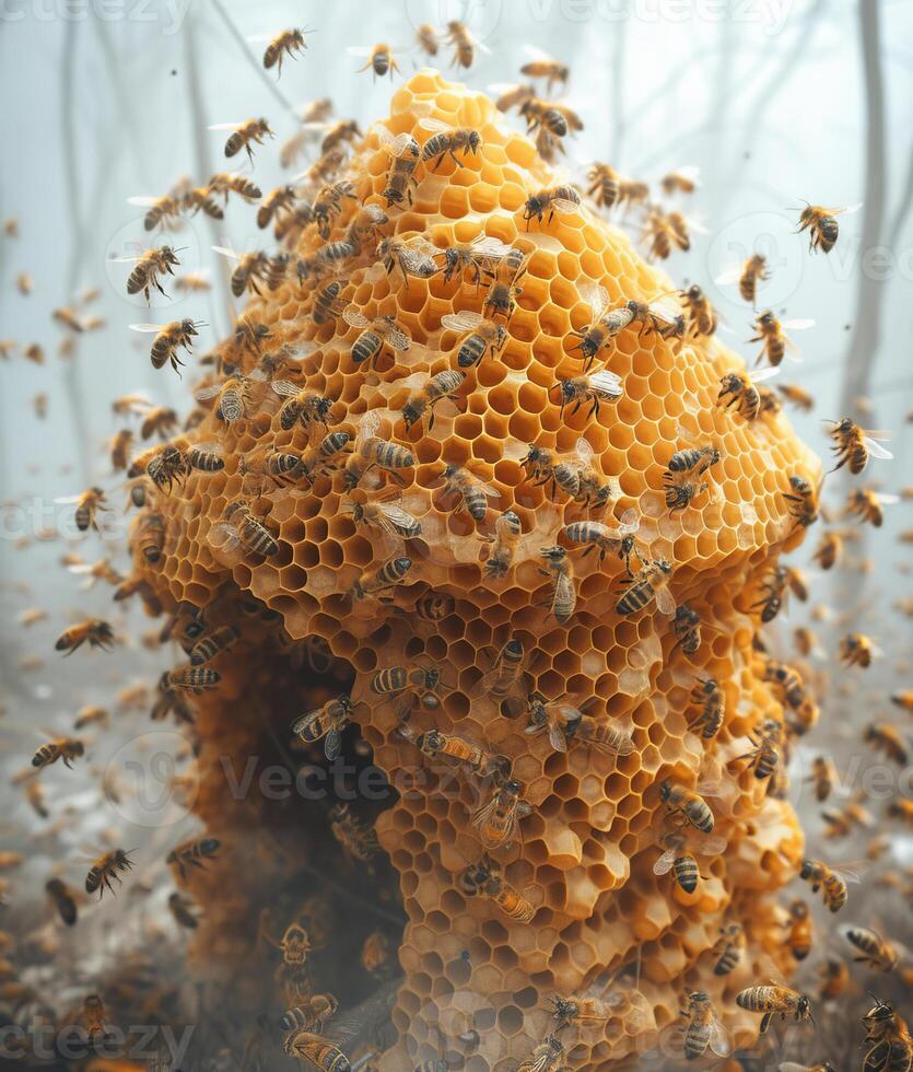 ai generado miel abejas pululando en panal. un Colmena en el forma de un panal con abejas foto