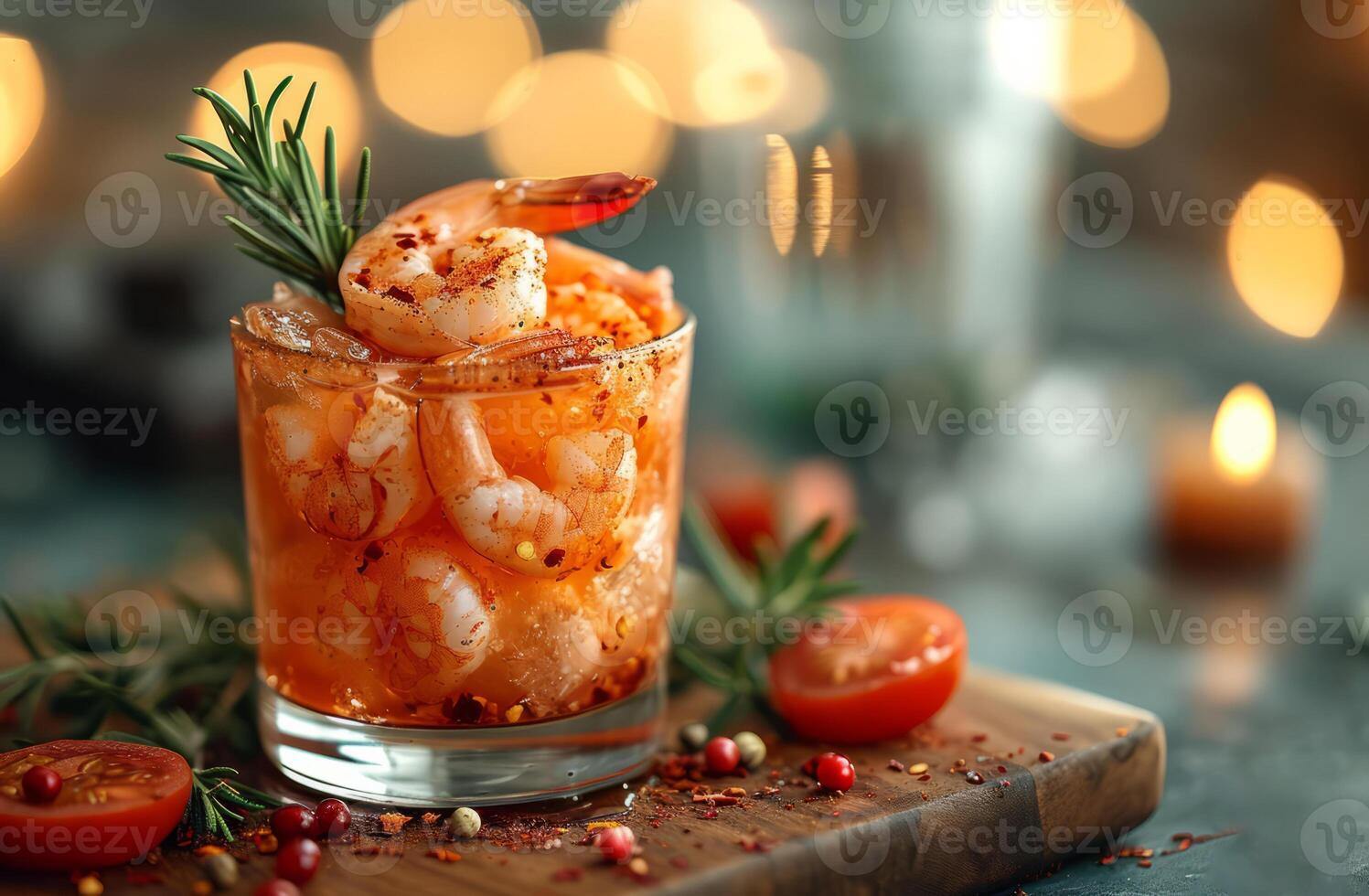 AI generated Shrimp cocktail by kevin sanford. A glass filled with succulent shrimp and decorated with a sprig of aromatic rosemary. photo