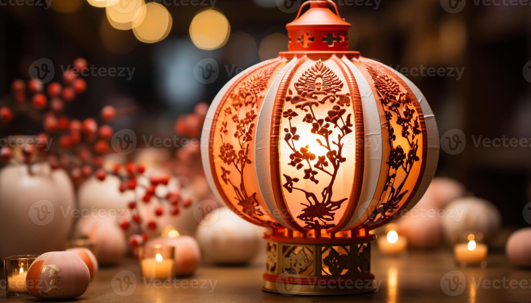AI generated Glowing lantern illuminates dark night, symbolizing spirituality and tradition generated by AI photo