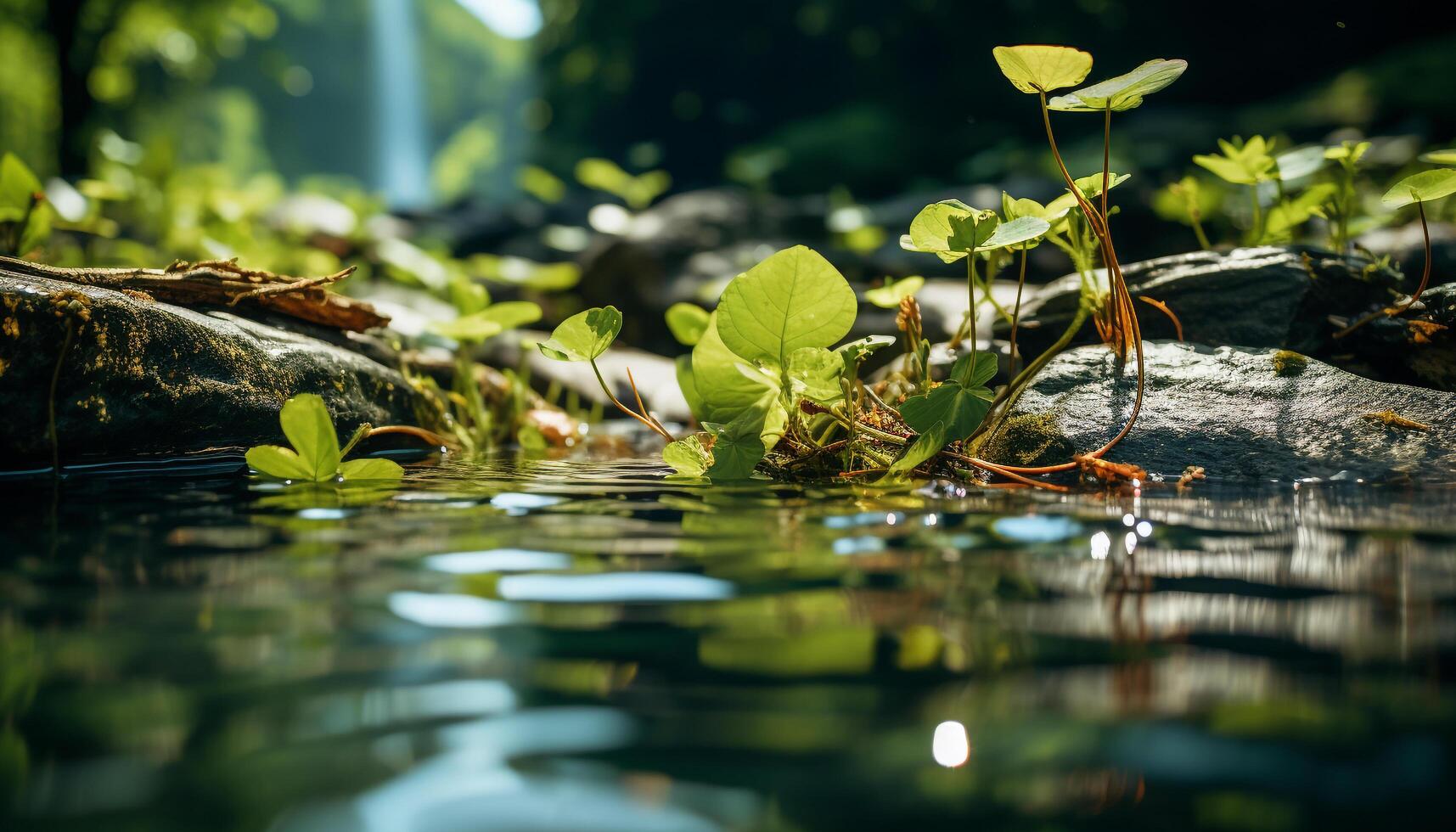 AI generated Green leaves reflect in tranquil pond, nature vibrant beauty generated by AI photo