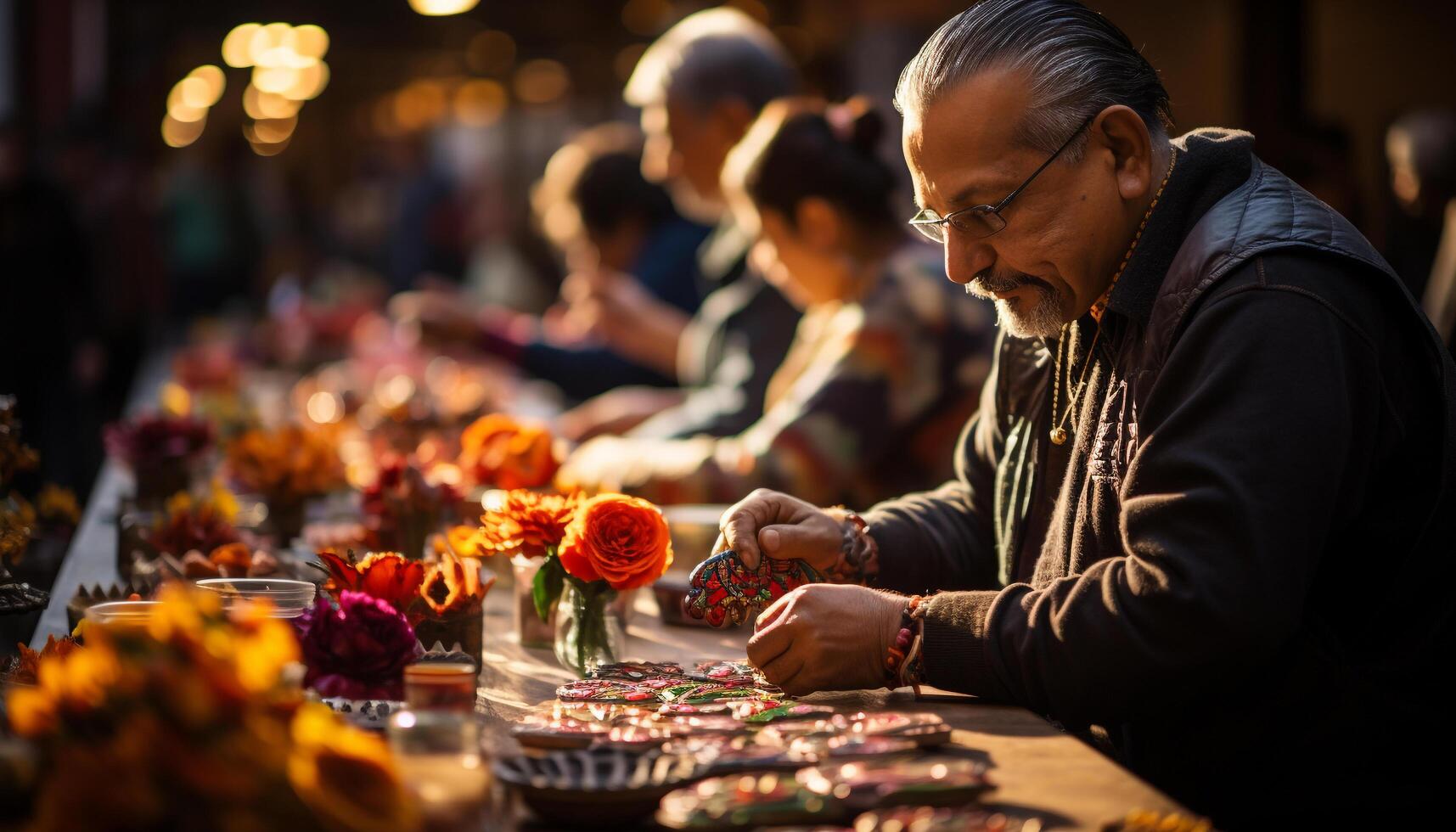 AI generated Adults enjoying a celebration, holding flowers, sitting at a table generated by AI photo