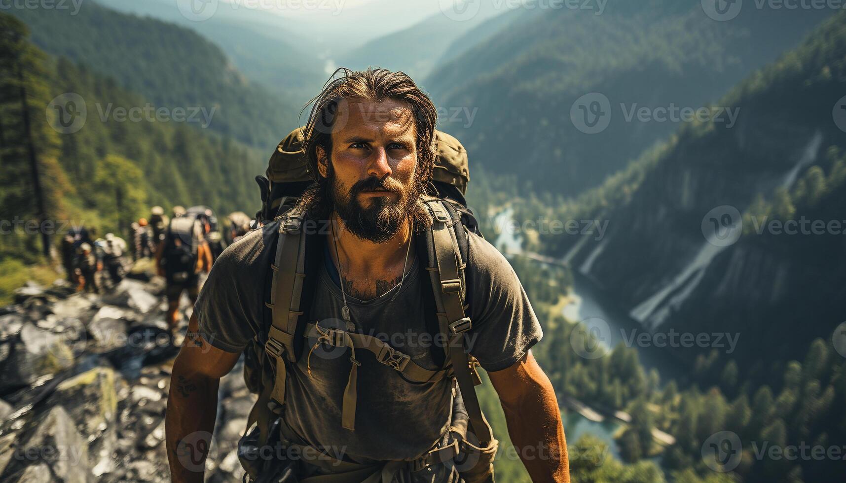 ai generado un hombre excursionismo en naturaleza, explorador montañas, mochilero con aventuras generado por ai foto