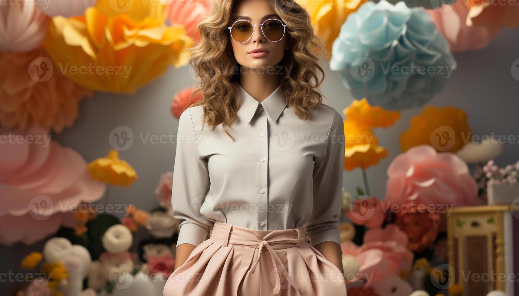 AI generated A fashionable young woman, smiling, standing in autumn nature generated by AI photo