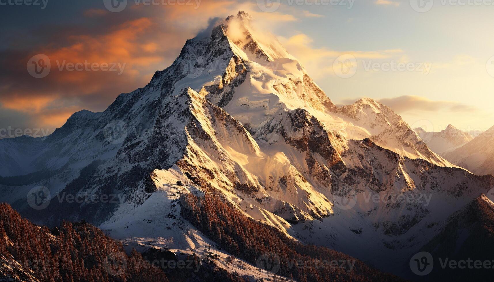 AI generated Majestic mountain range, snow capped peaks, panoramic beauty in nature generated by AI photo