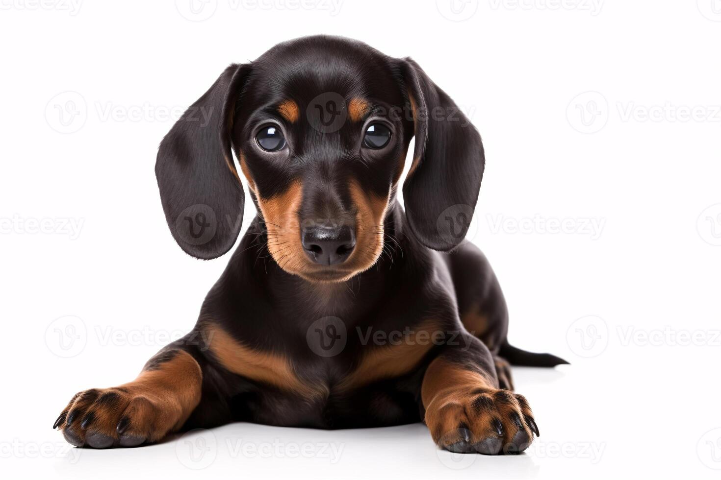 AI generated A dachshund is solitary on a bright white surface. photo